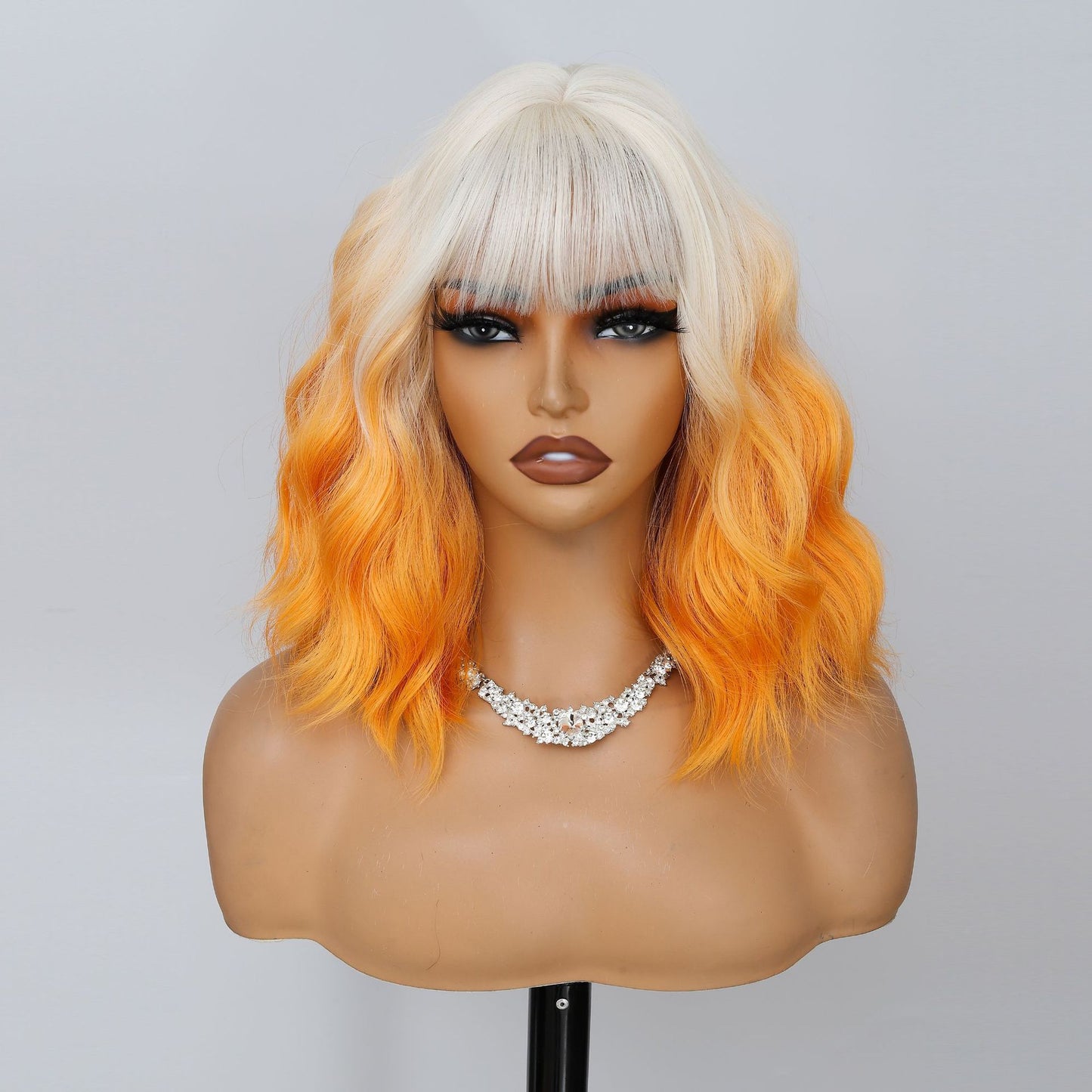 Women's Inch Wine Red Wave Head With Bangs Wig Short Curly Hair