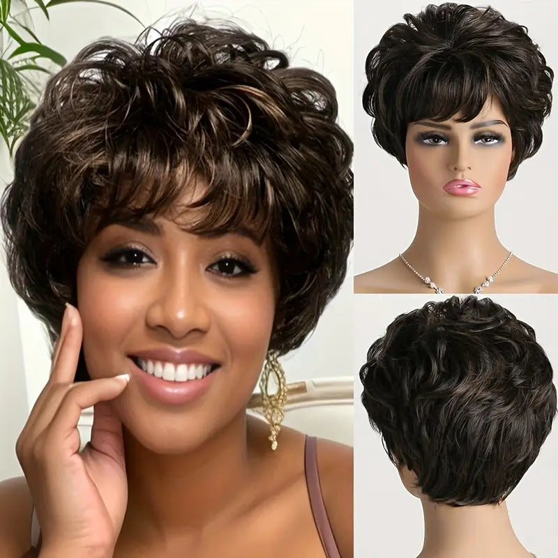 Women's Fashion Fluffy Side Bangs Black Brown Wig Short Curly Hair