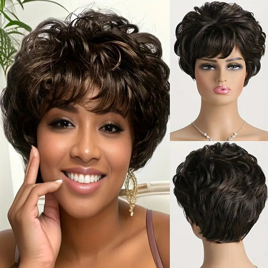 Women's Fashion Fluffy Side Bangs Black Brown Wig Short Curly Hair