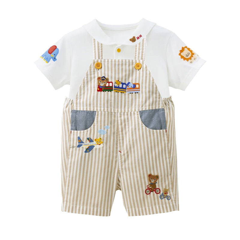 Children's Summer Cartoon Train Dinosaur Bear Embroidery Plaid Striped Children's Pants