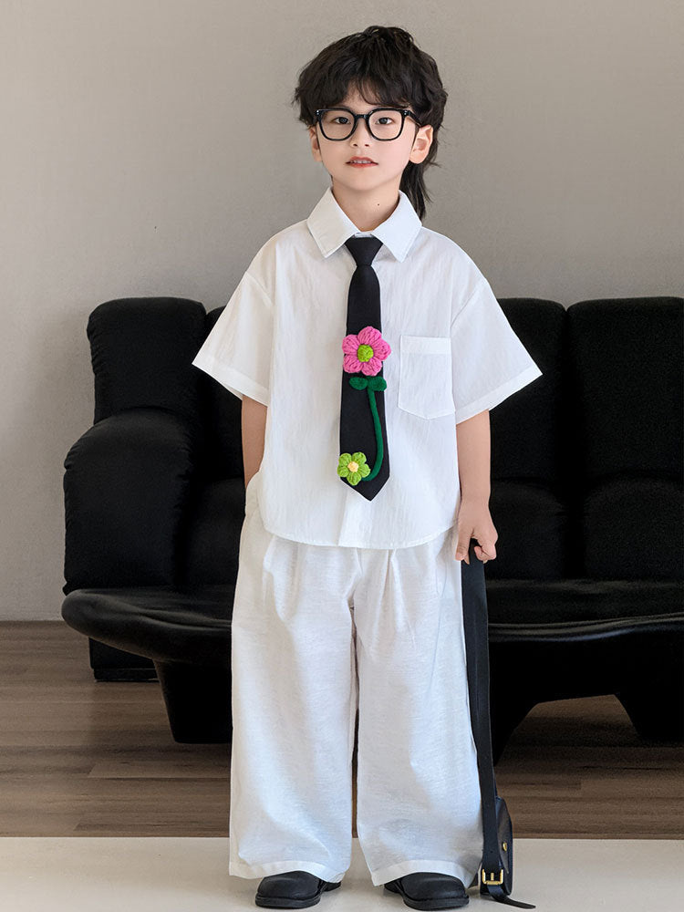 Children's Summer Korean Style Short Sleeve Western Solid Color Children's Shirt