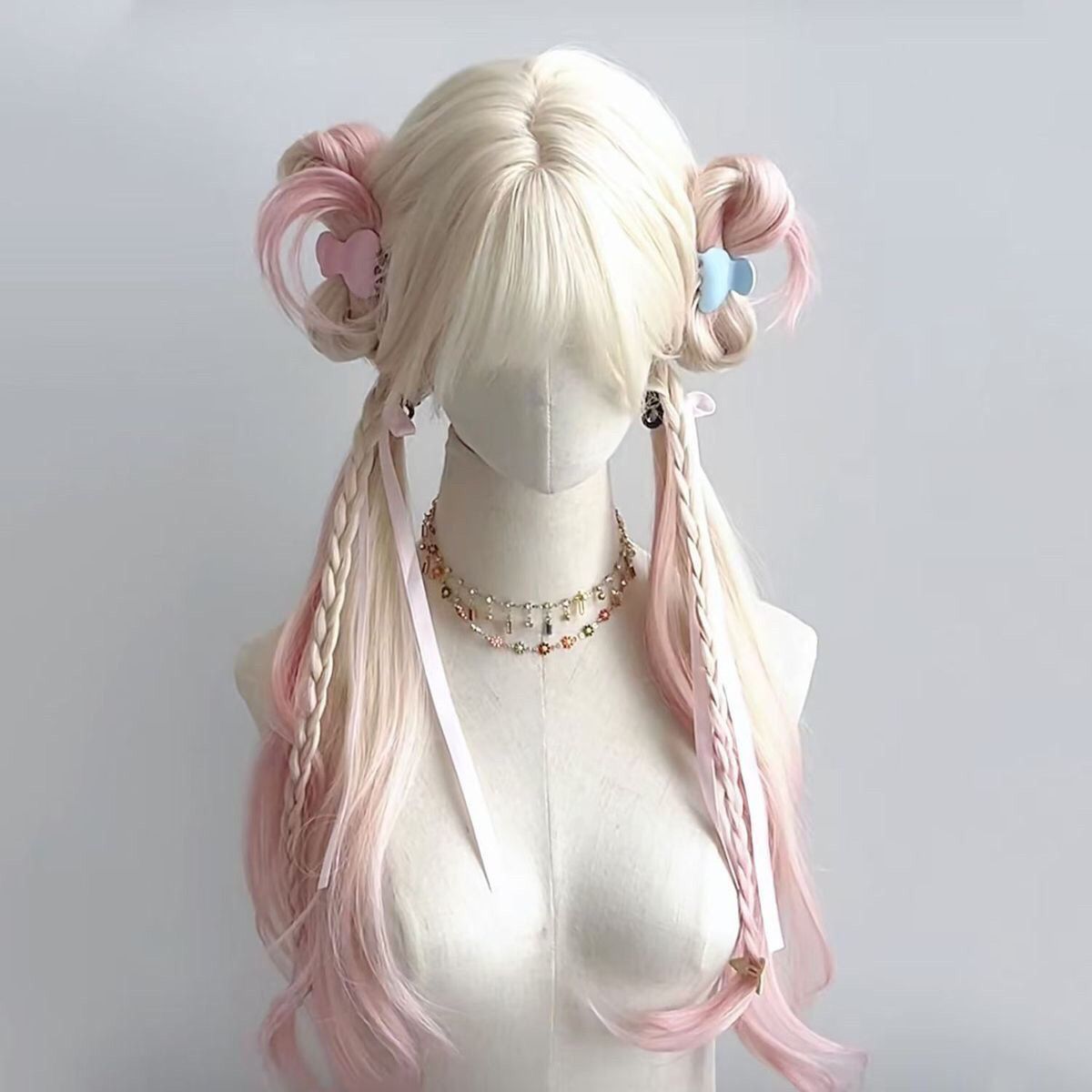 Female Platinum Color Gradient Pink Curly Hair Head Cover Straight Wig Long Curls