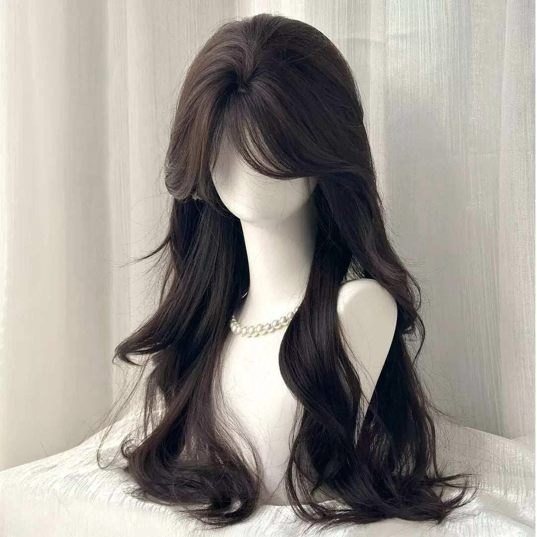 Female Mint Rice Brown Bangs Curly High Skull Top Supplementing Wig Long Curls