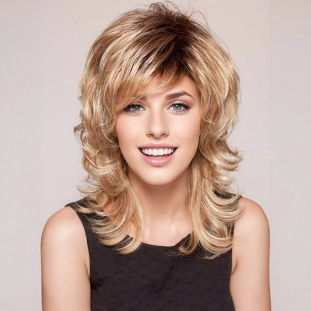 Women's & Men's Golden Curly Hair Fluffy Partial Side Bangs Wig Long Curls