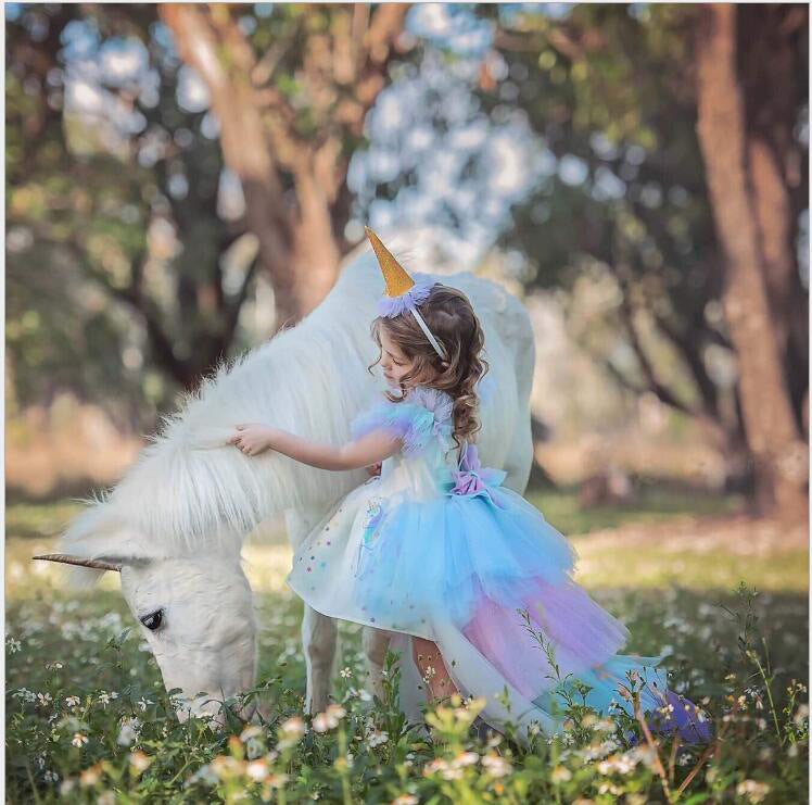 Children's Unicorn Theme Rainbow Gradient Mesh Trailing Princess Birthday Children's Dress