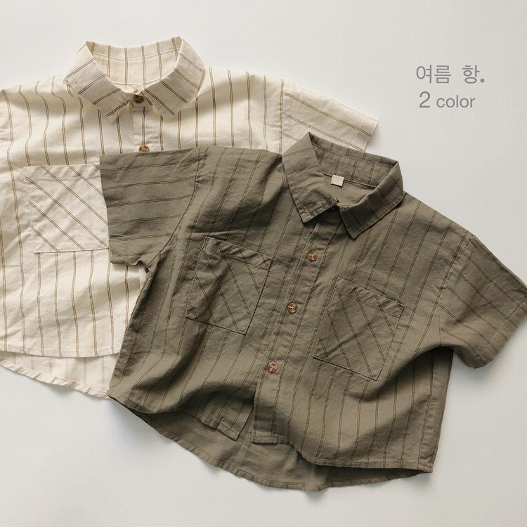 Children's Ramie Striped Short-sleeved Summer Boys Casual Children's Shirt