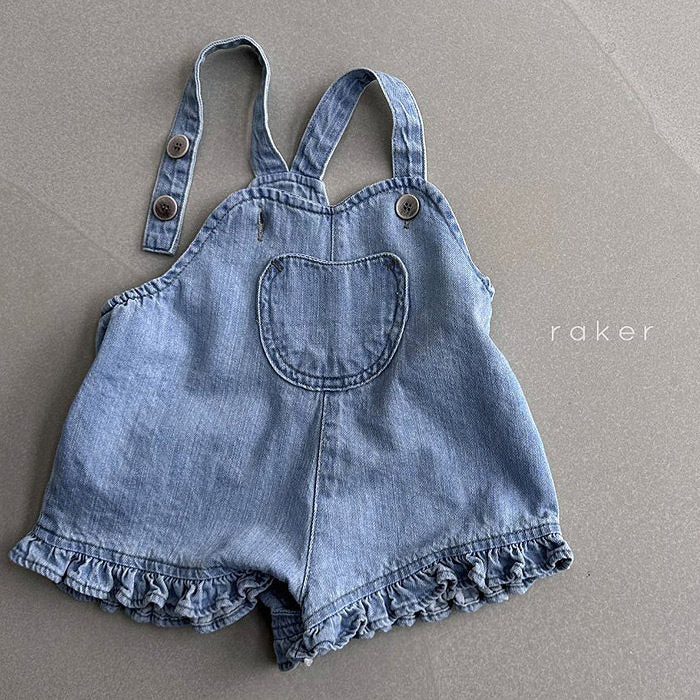 Korean Style Pleated Lace Denim Suspender One-piece Children's Pants