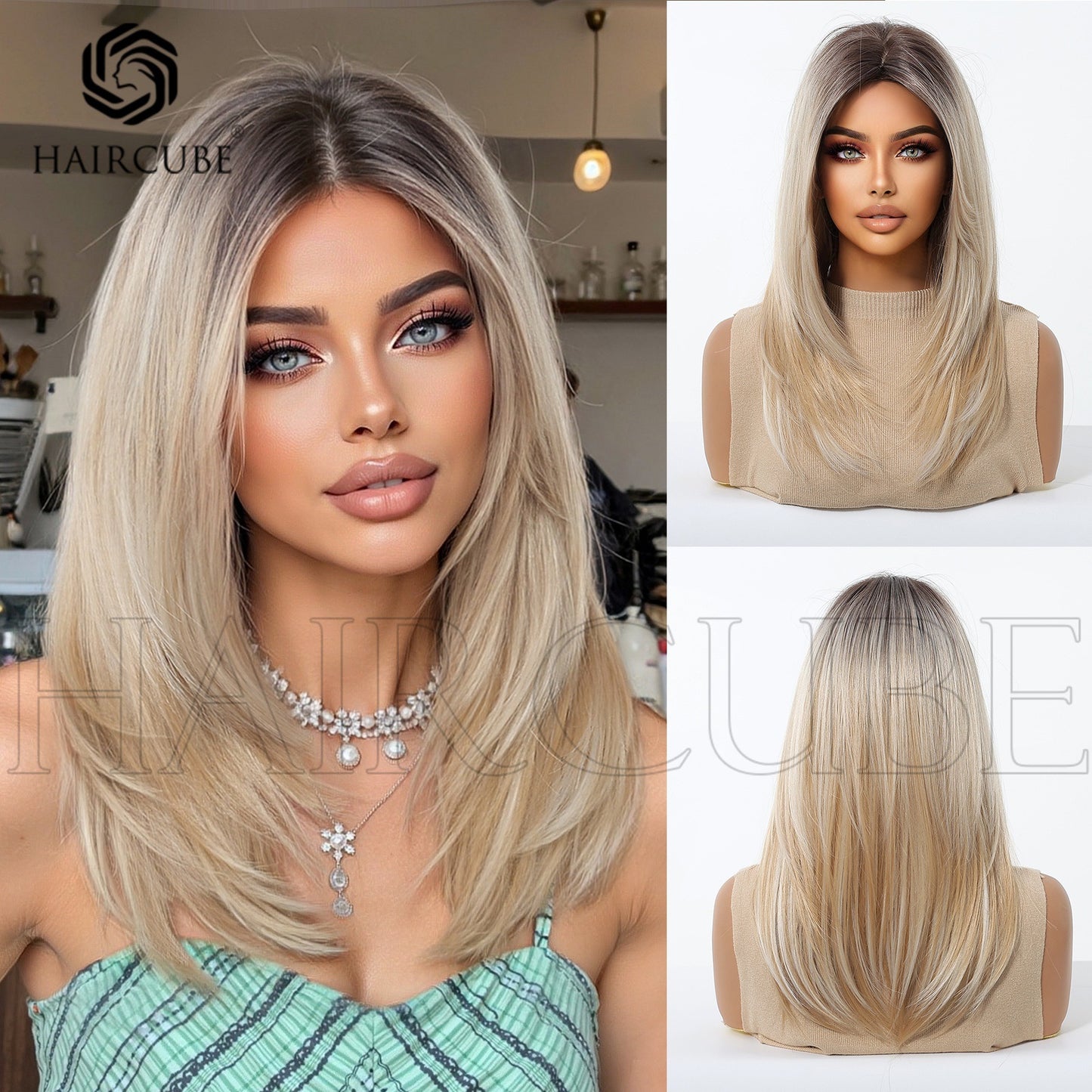 Mid-length Gradient Dyed Bangs Fiber Headgear Wig Short Straight Hair