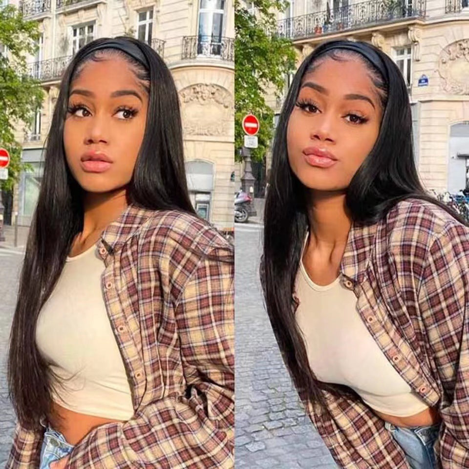 Women's Turban Hair Black Chemical Fiber Band Long Straight Wig
