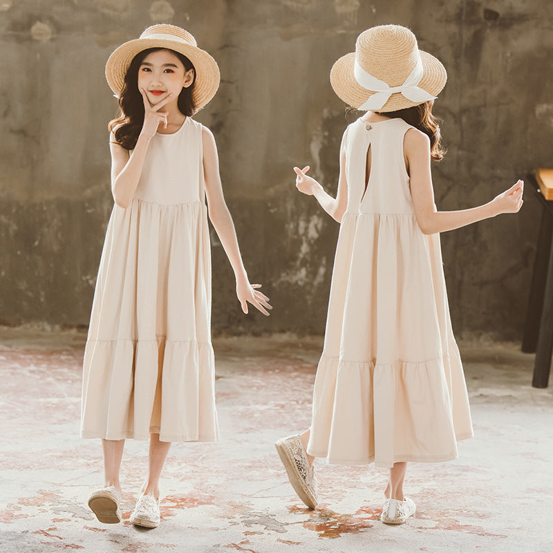 Summer Korean Style Medium Large Artistic Apricot Long Swing Children's Dress