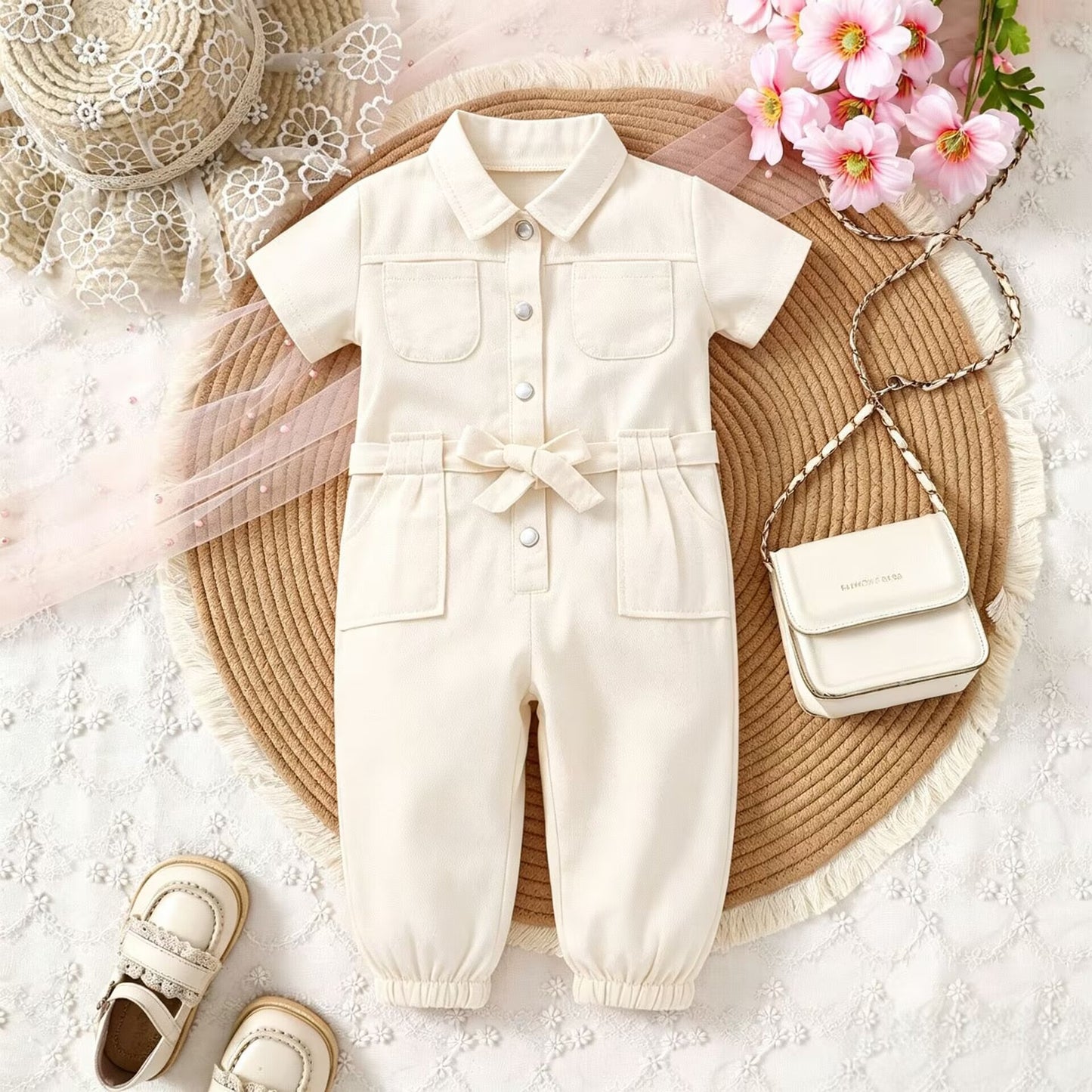 Children's Clothing Summer Young Little Lapel Pink Denim Jumpsuit Children's Pants