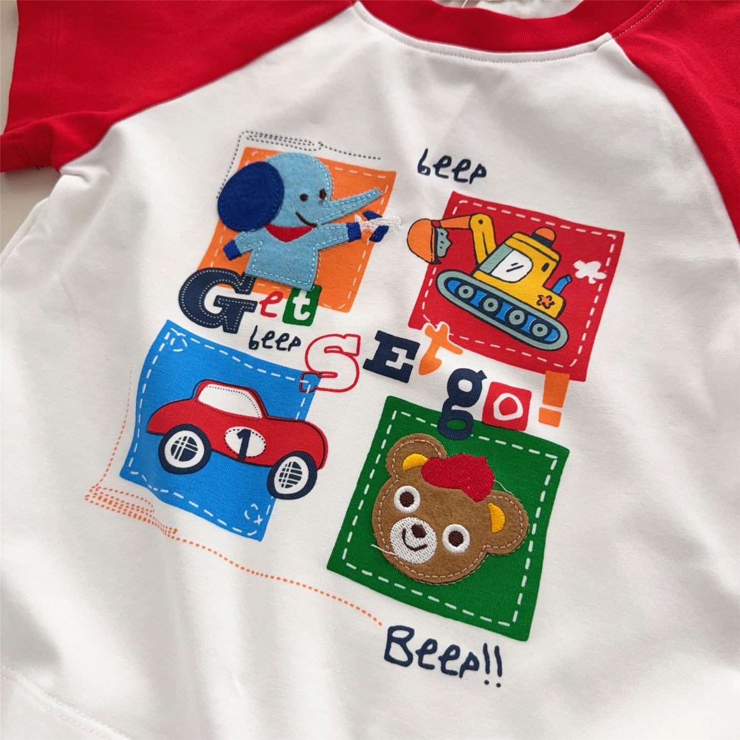 Children's Wear Style Boys Bear Excavator Raglan Short Sleeve Shirt Children's T-shirt