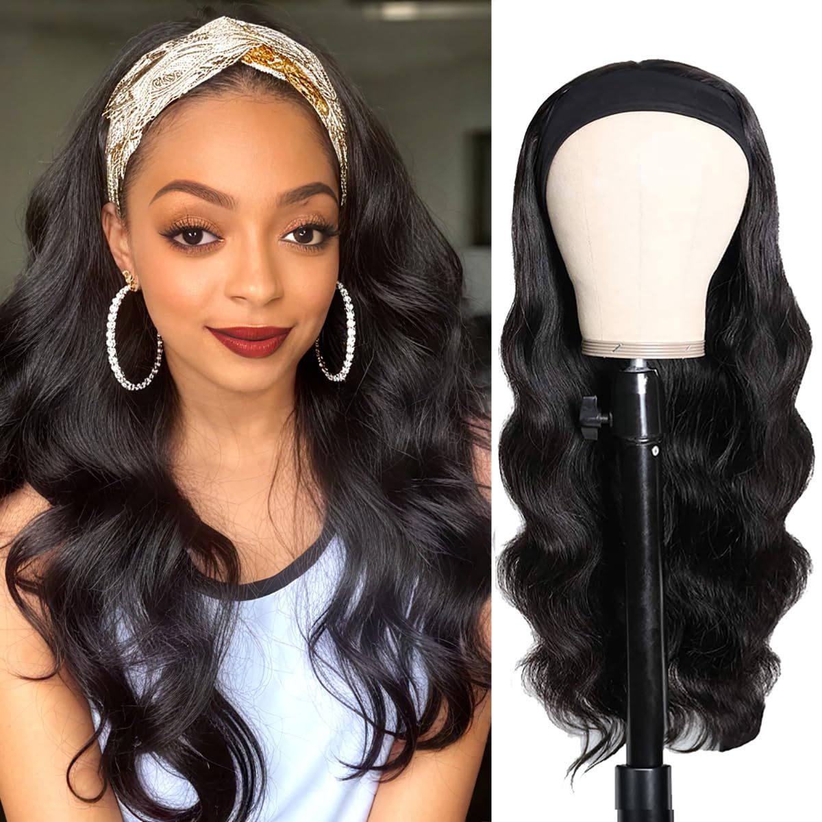 Women's Black Hair Band Curly Big Wave Synthetic Wig Long Curls
