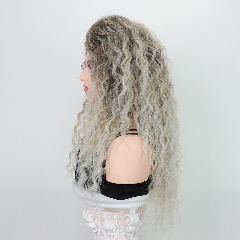 African Small Curly Hair Synthetic Wigs Gray Gold Partial Head Wig Long Curls