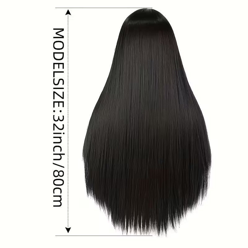 Women's Black Chemical Fiber Button Net African Medium Long Straight Wig