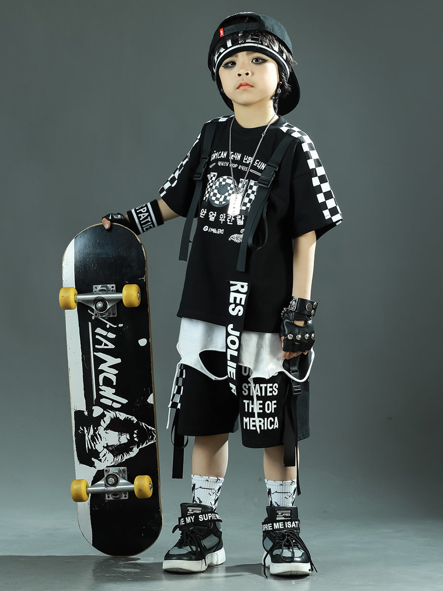 Children's Sports Summer Plaid Korean Style Teens Two-piece Clothing Children's Suit