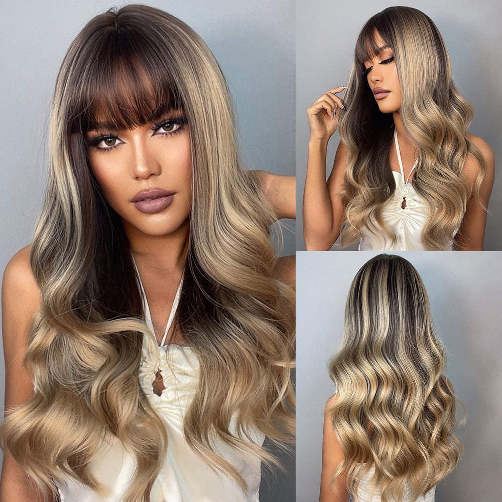 Straight Bangs Curly Hair Gradient White Gold Color Mechanism Wig Long Curls