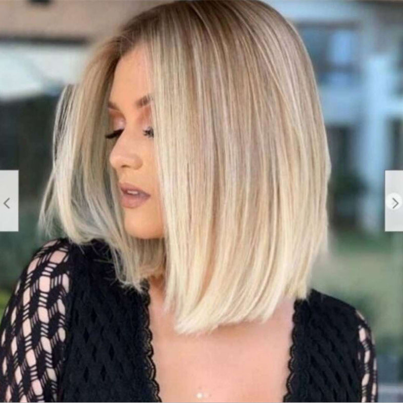 Women's Head Gradually Golden Medium Fiber Wig Short Straight Hair
