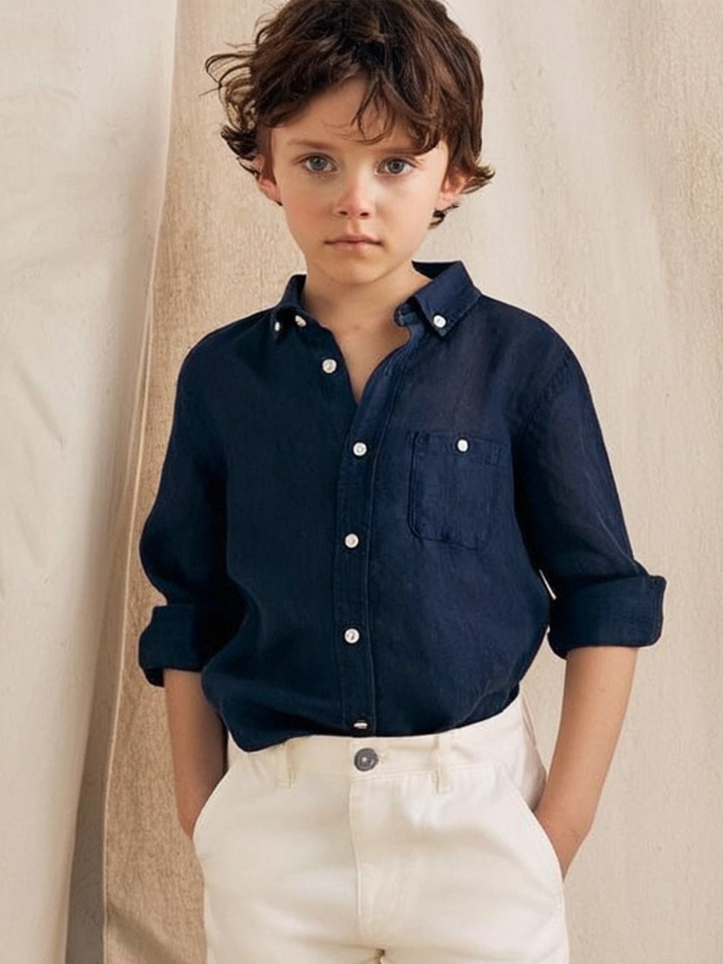 Children's Linen Boys Long Sleeve Polo Collar Top Dry Breathable College Children's Shirt
