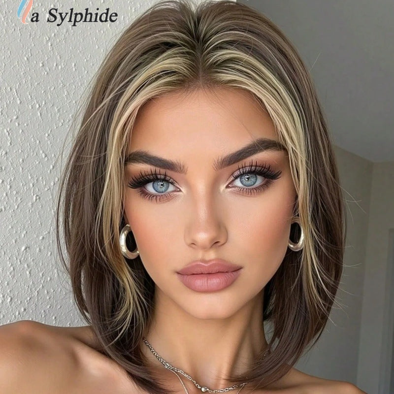 Female Brown Gradient Mid-point Fashion Overseas Wig Short Straight Hair