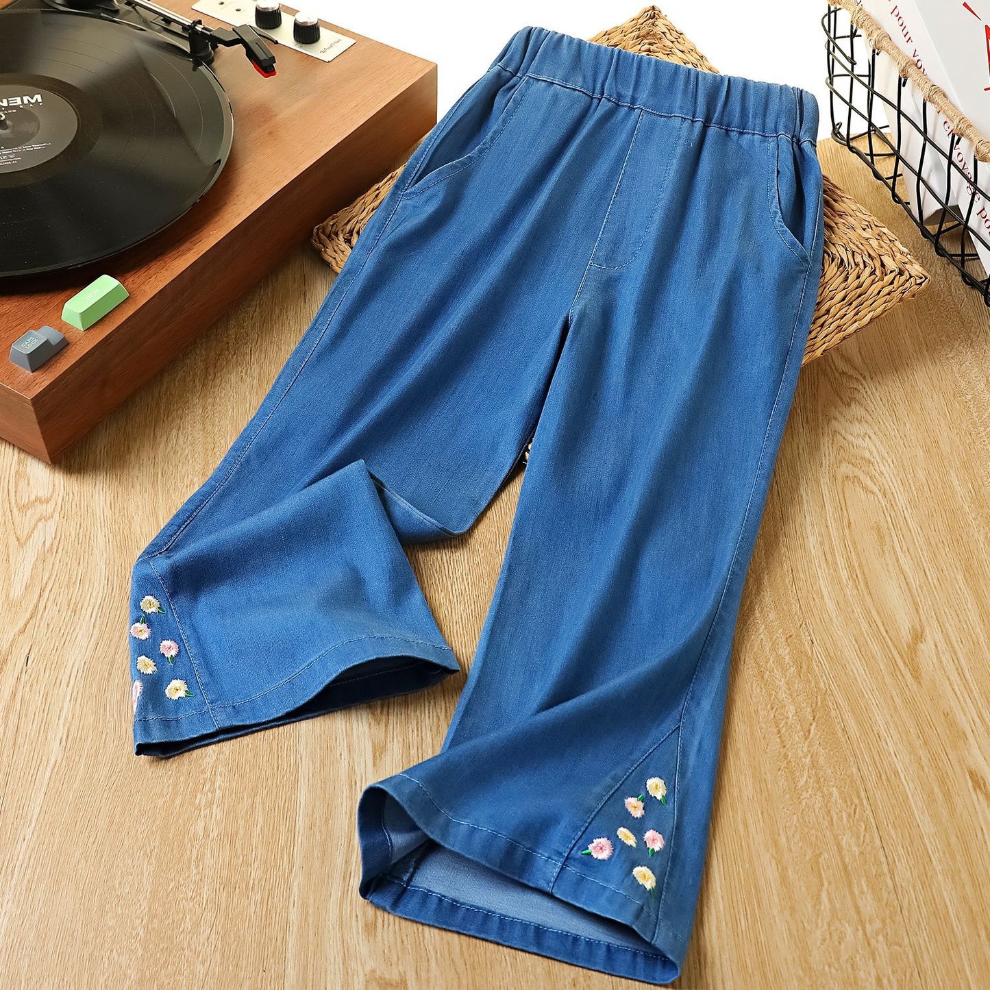 Children's Domestic Sales Denim Stitching Small Flower Embroidery Children's Pants