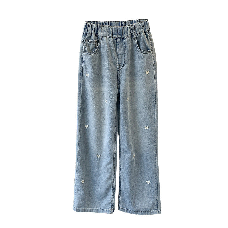 Autumn Western Style Little Love Embroidered Jeans Children's Pants