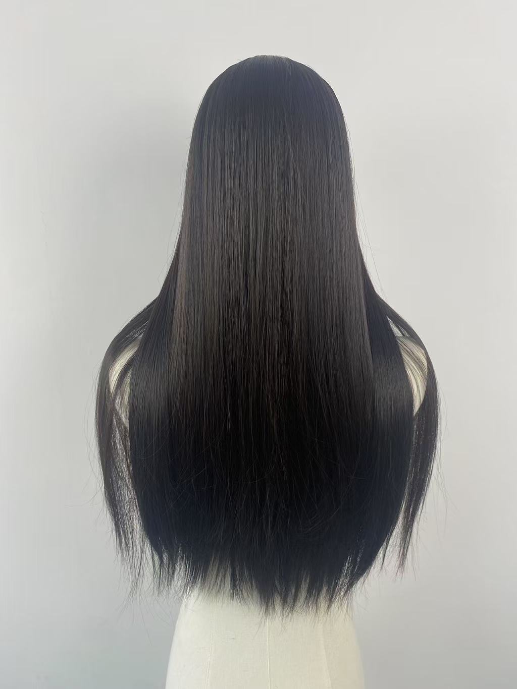 Female Daily Hair Golden Head Cover Air Bangs Mannequin Dummy Long Straight Wig