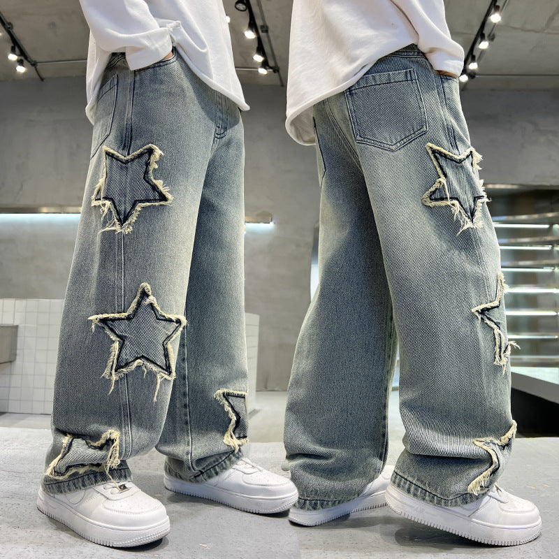 American Embroidered Patch Design Straight Loose Children's Pants