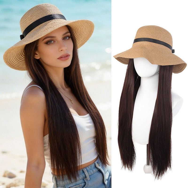 Beach Hat Hair One-piece Summer Sun Protection Long Straight Wig