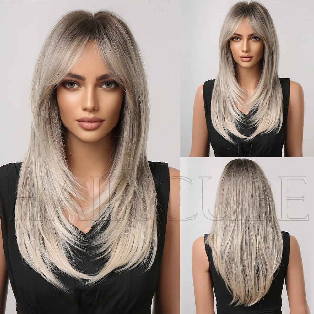 Women's Bangs High-level Gradient Golden Mechanism Long Straight Wig