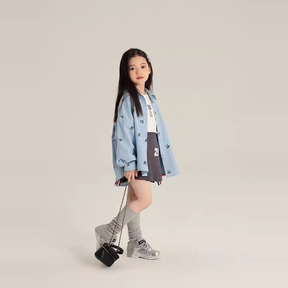 Children's Bow Printed Medium Large Korean Style Western Casual Children's Shirt