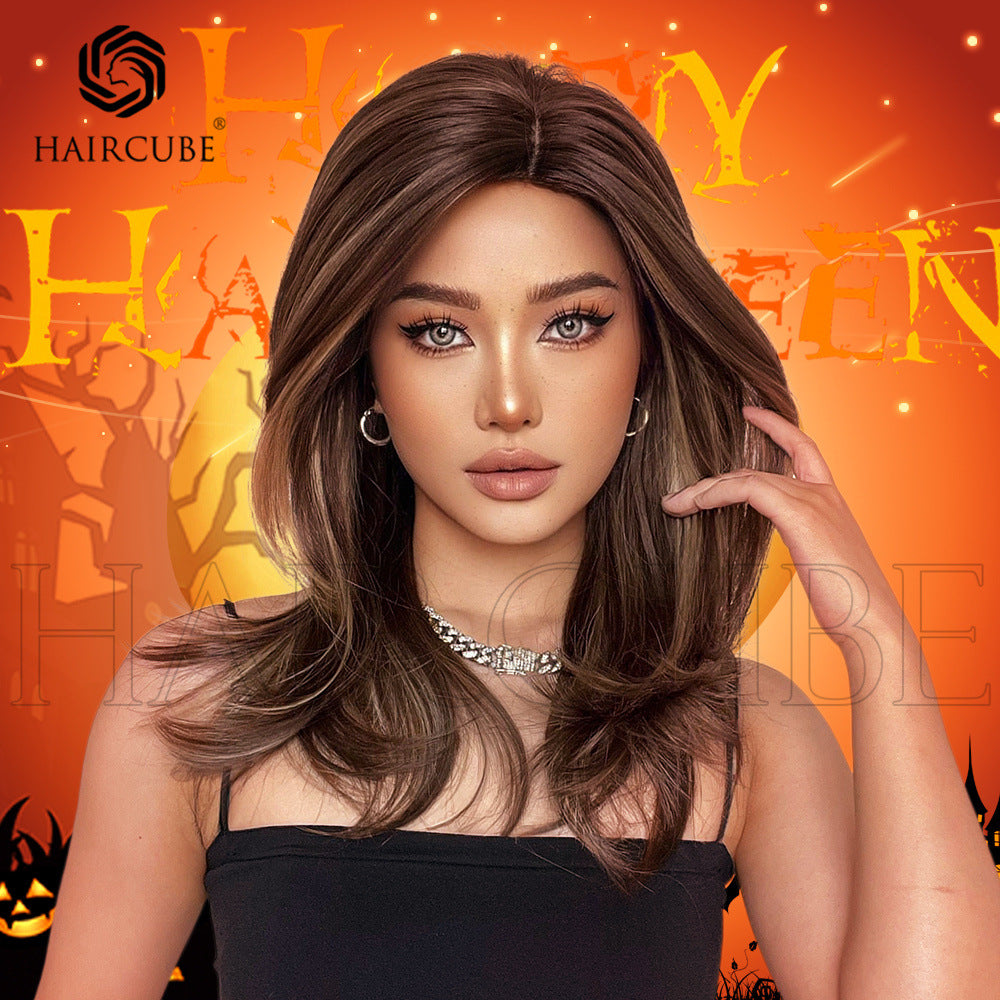 Bangs Gradient Brown Shoulder Hair Female Natural Full Long Straight Wig
