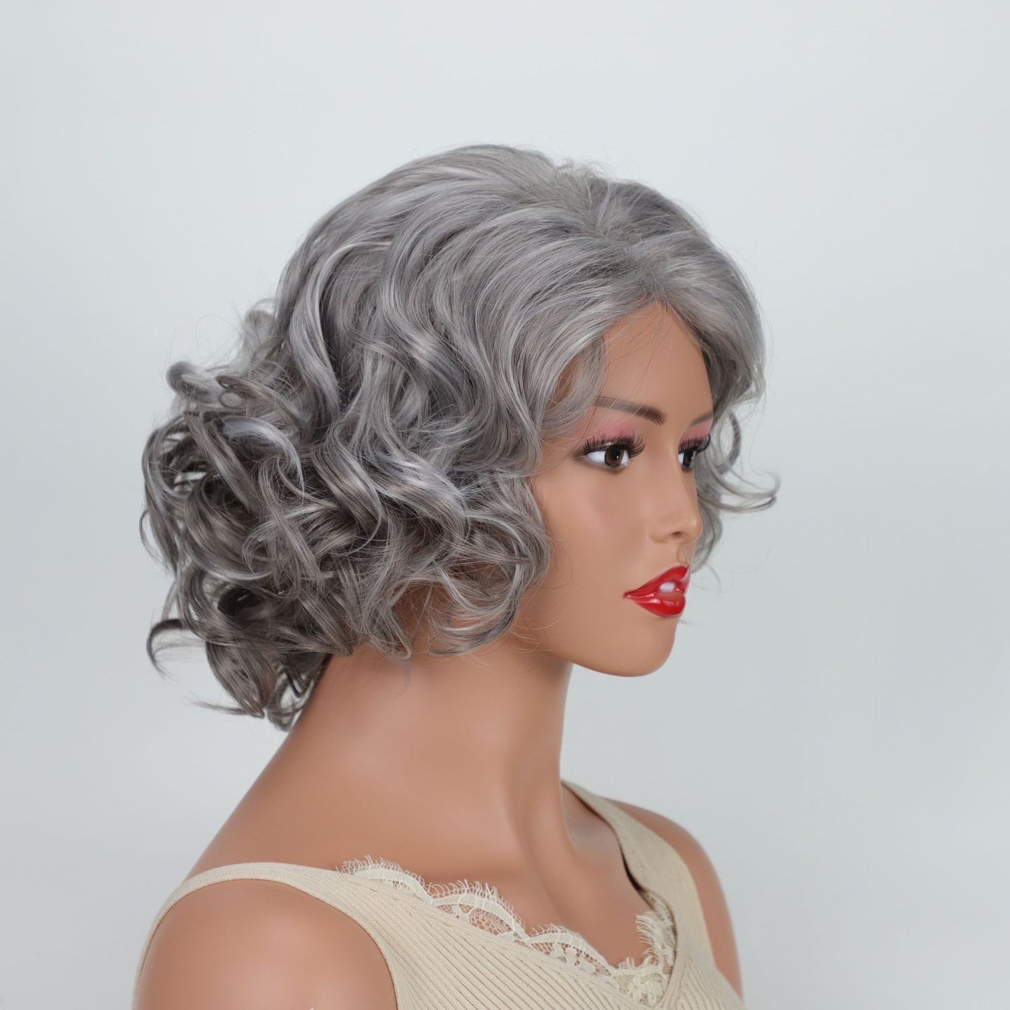Female Full Head Gray Synthetic Wigs Wig Short Curly Hair