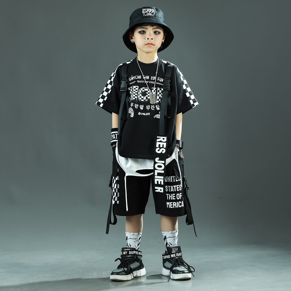 Children's Sports Summer Plaid Korean Style Teens Two-piece Clothing Children's Suit