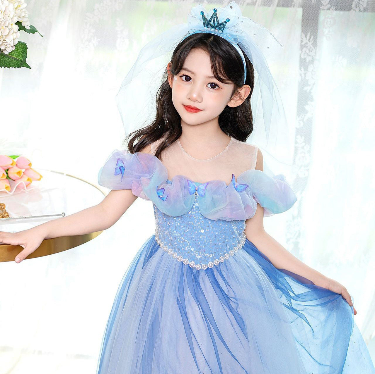 Princess Elsa Butterfly Mesh Stage Performance High Children's Dress