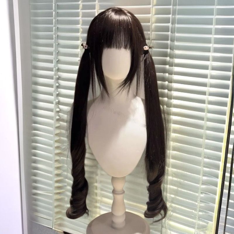 Double Ponytail Tie Out Curly Hair With Sideburns Wig Long Curls