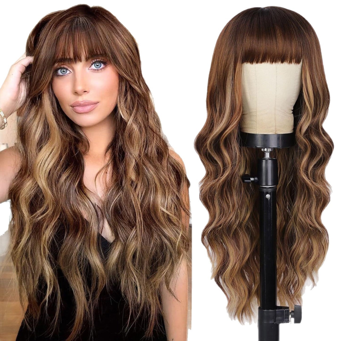 Black Gradient White Straight Bangs Big Wave Curly Hair Wig Long Curls