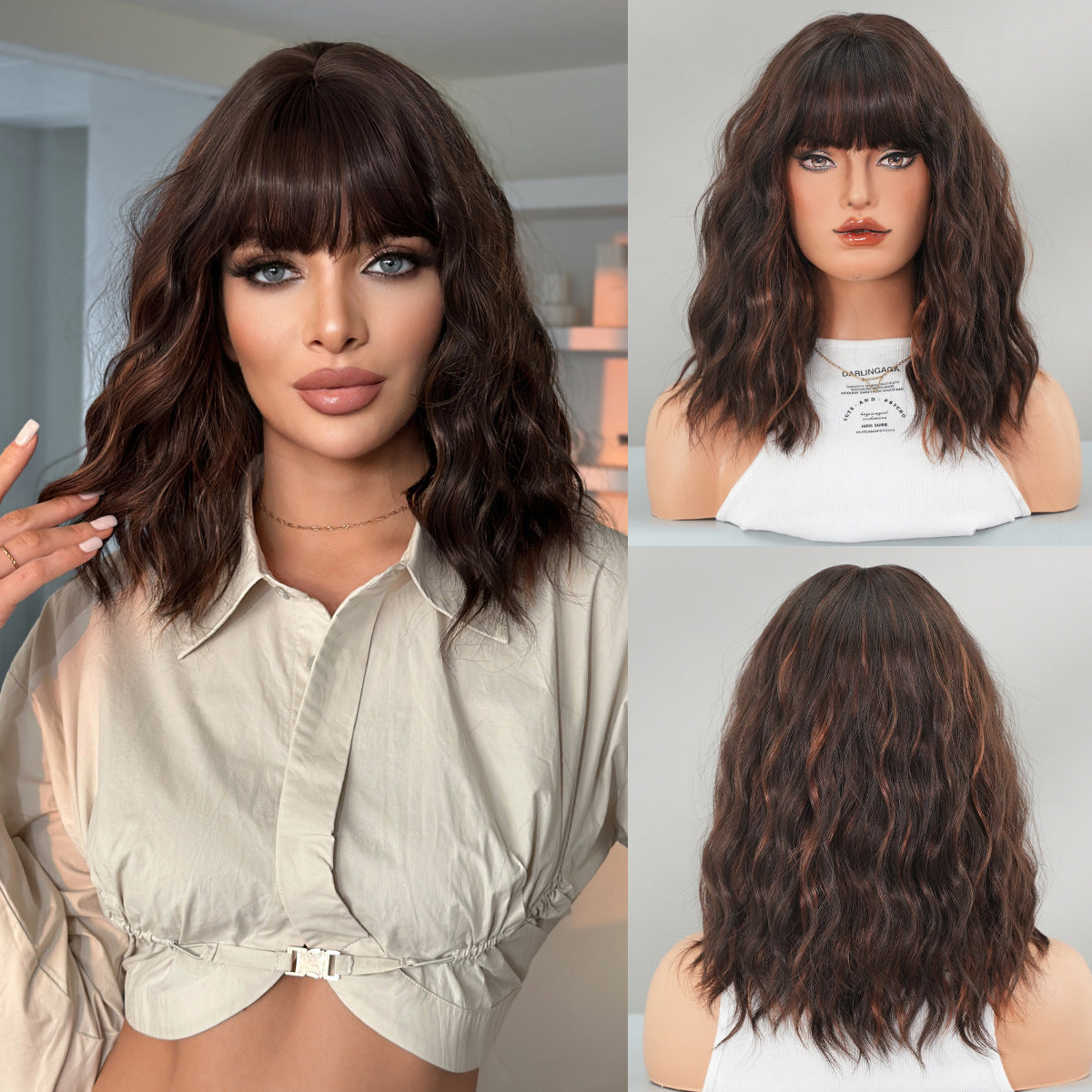 Gradient Brown Mid-length Wavy Curly Hair With Bangs On The Other Wig