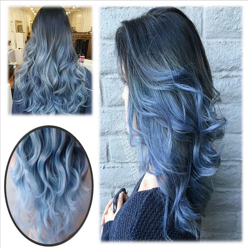 Women's Black Blue Gradient Curly Hair Fiber Medium Wig Long Curls