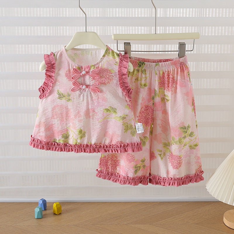 Women's Floral Peony Sleeveless Lace Wide Shoulder Children's Suit