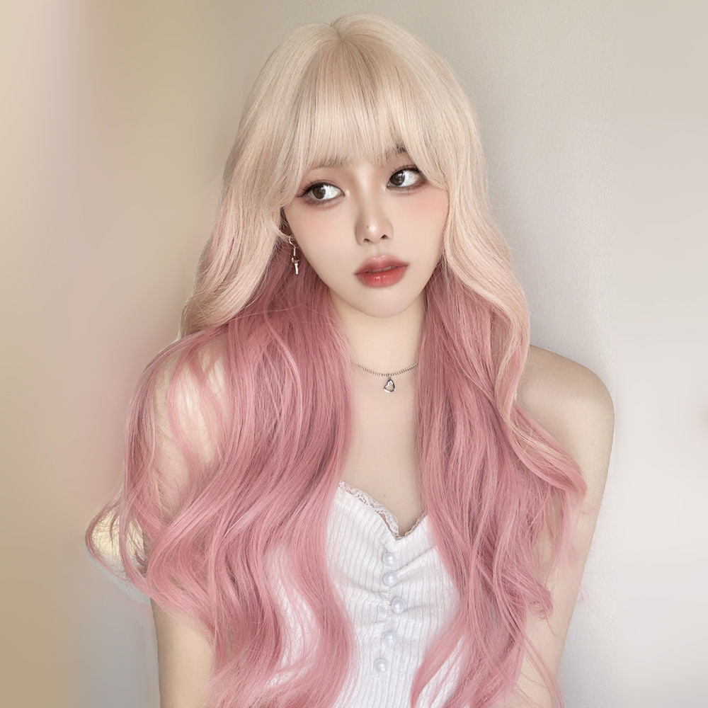 Cherry Pink Platinum Color Gradient Curly Hair Wig Long Curls