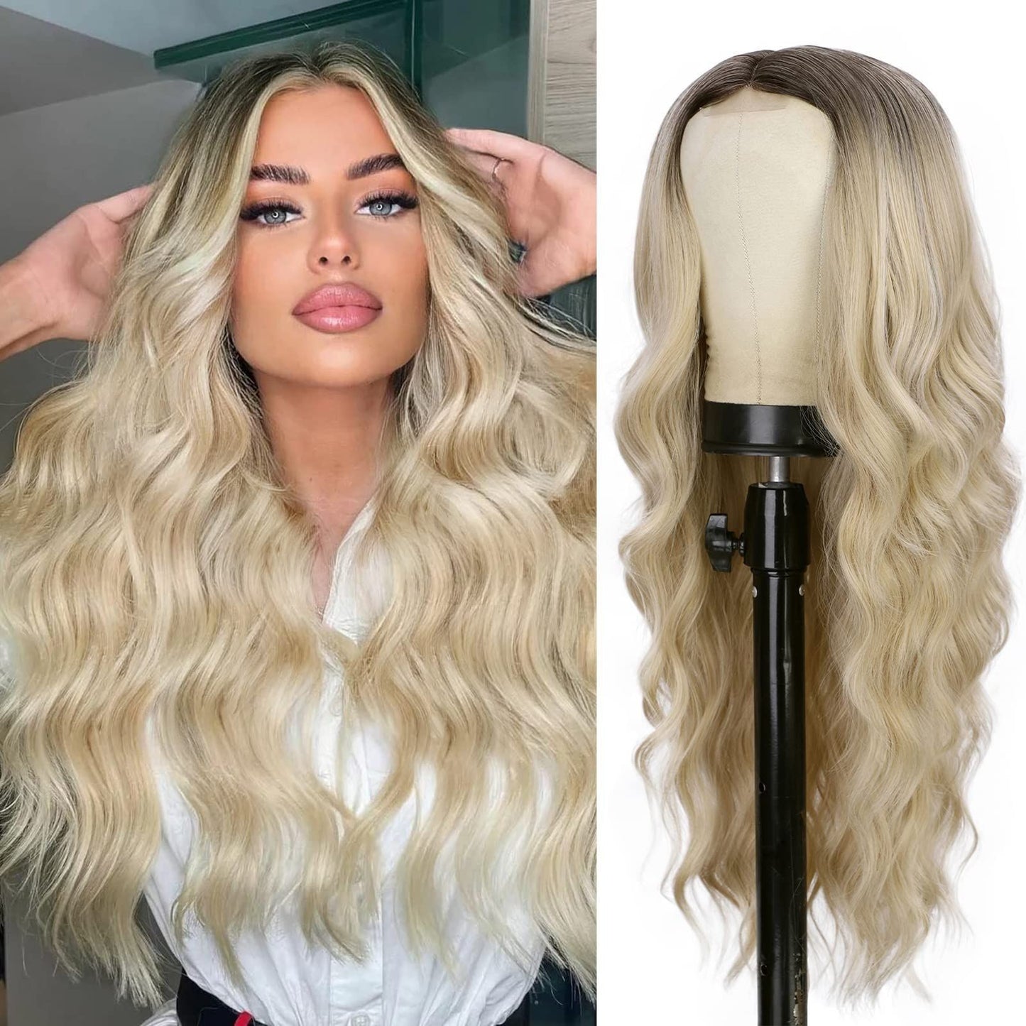 Women's Medium Gradient Yellow Curly Hair Big Wave Rose Wig Long Curls