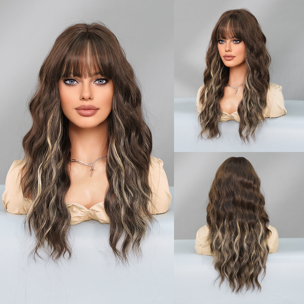 Women's Charming Red Small Straight Bangs Wavy Wig Long Curls