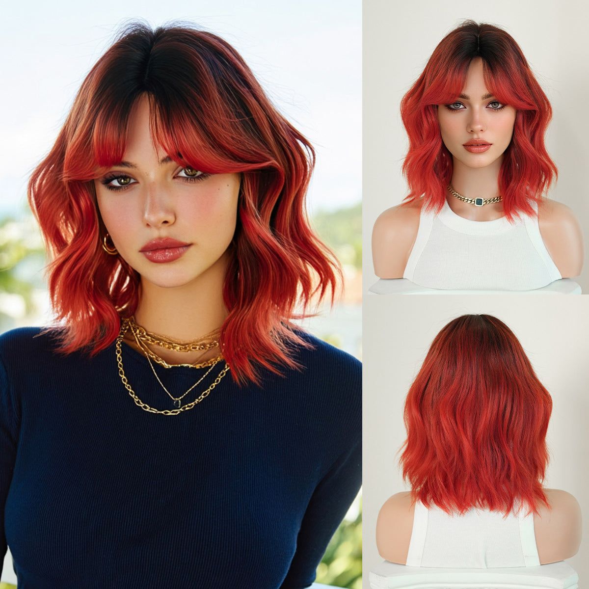 High Quality Female Red Bangs Short Wavy Curly Hair Chemical Wig Long Curls