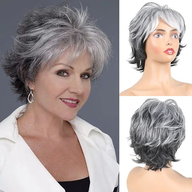 Women's Gradient Color Gray White Chemical Fiber Head Wig Short Curly Hair