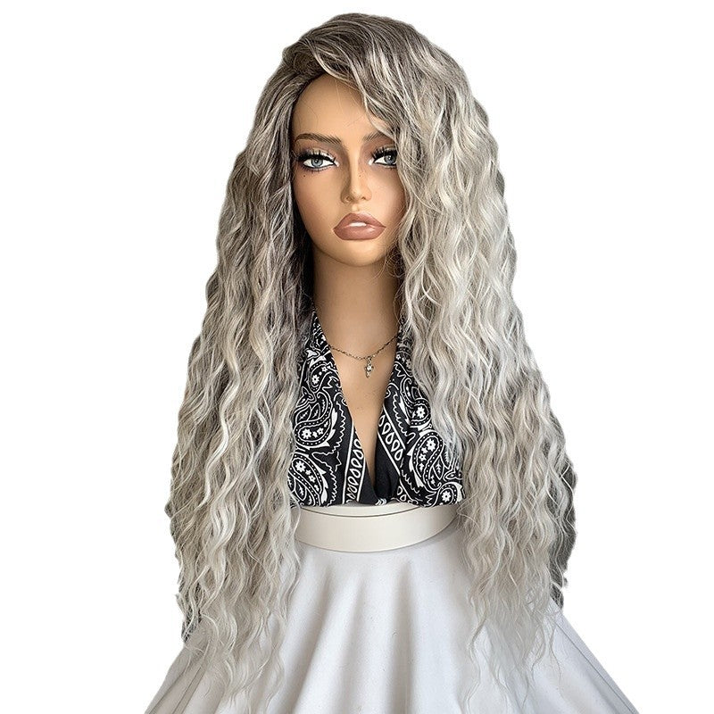 Gray Curly Hair High Skull Top Simulation Natural Fashion Female Wig Long Curls