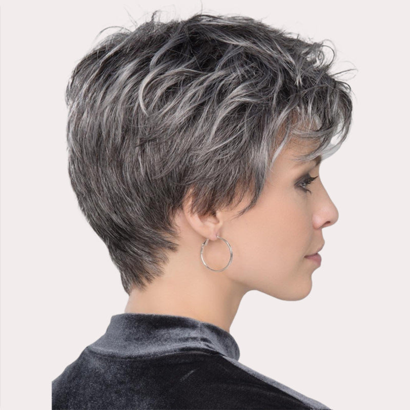 Gray White Side Bangs Partial Fiber Piece Wig Short Curly Hair