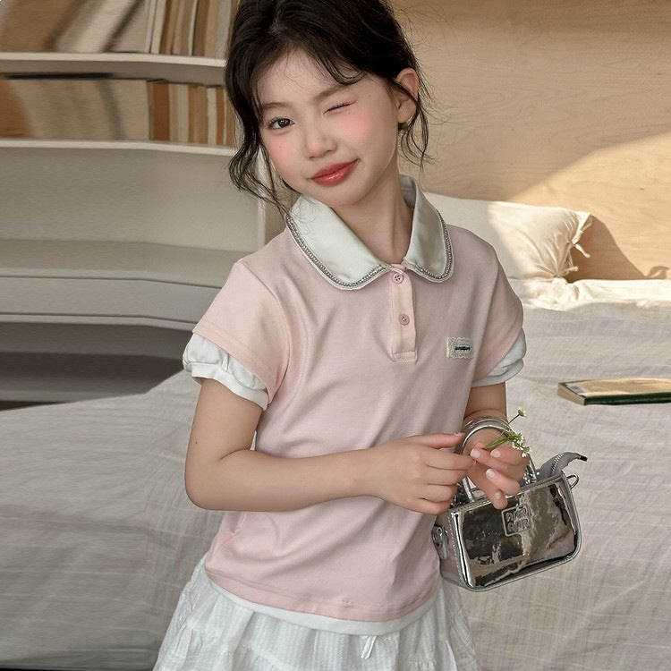 Sweet Set Summer Middle Big Fake Two-piece Shirt Skirt Children's Suit