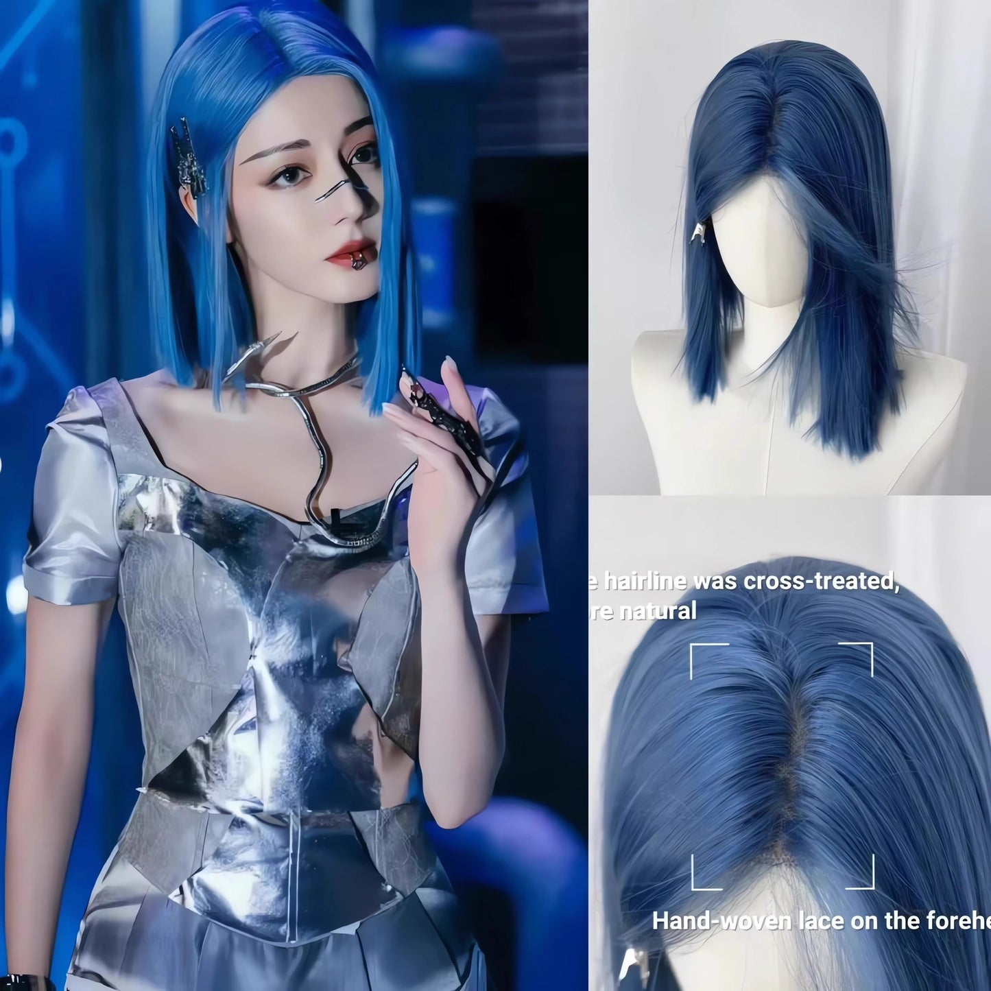 Blue Female Lace Mechanical Deep Ocean Natural Fashion Medium Hot Wig Short Straight Hair