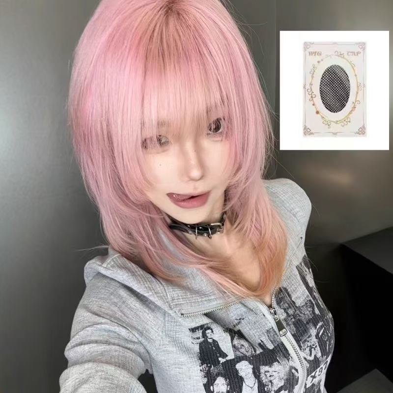 Daily Female Pink Collarbone Asian Culture Bangs Wig Short Straight Hair